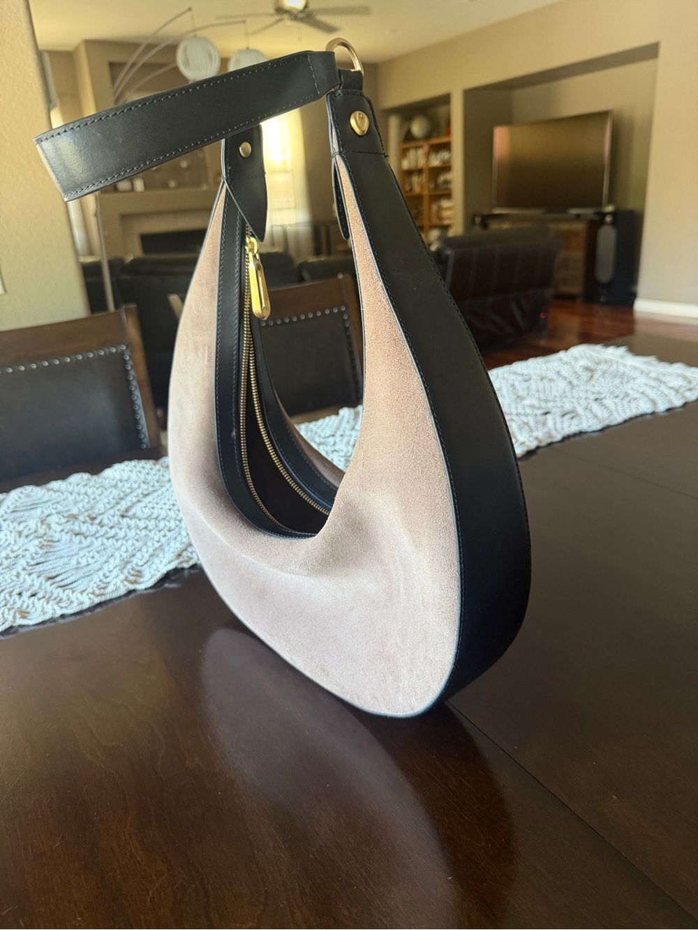 Classic Crescent Shoulder Bag in Taupe and Black